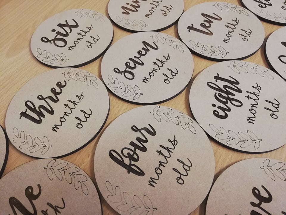 Wooden laser cut and engraved baby milestone plaques