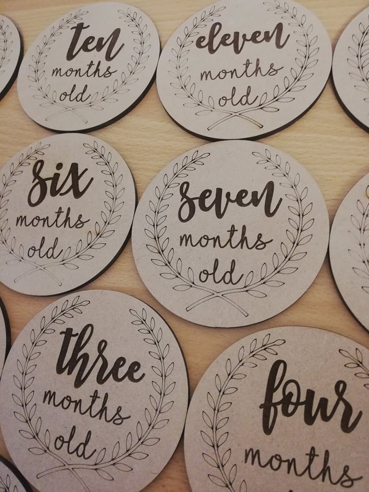 Wooden laser cut and engraved baby milestone plaques