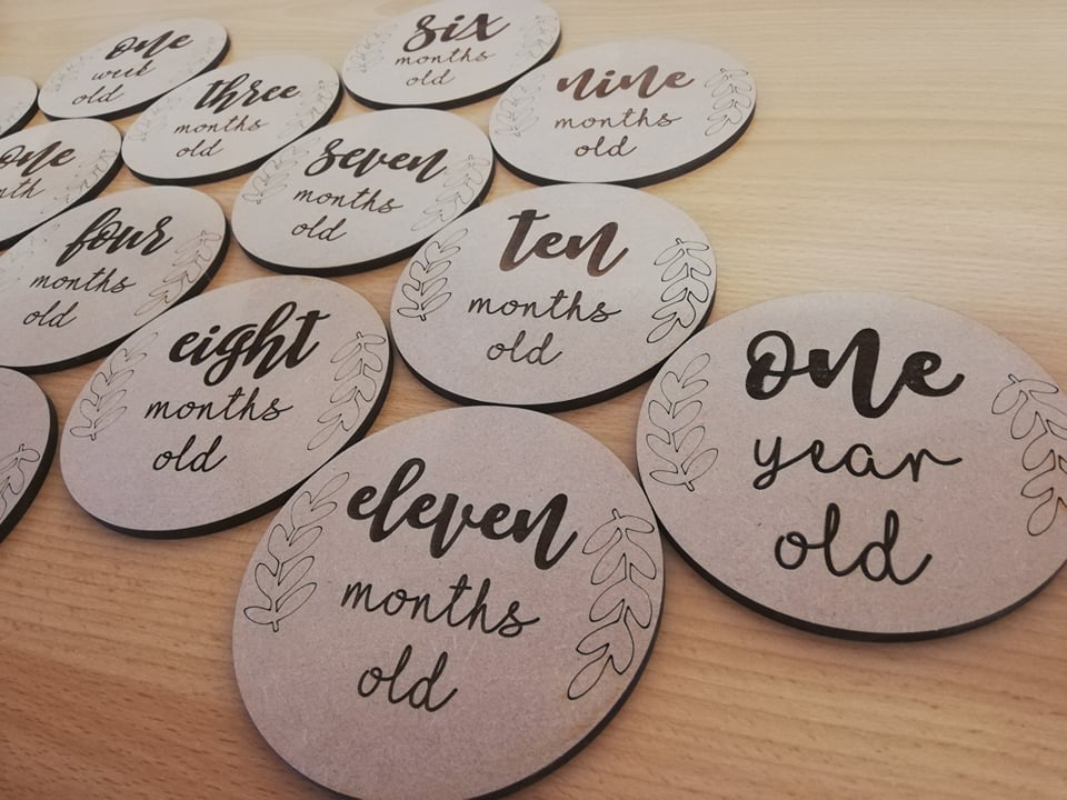 Wooden laser cut and engraved baby milestone plaques