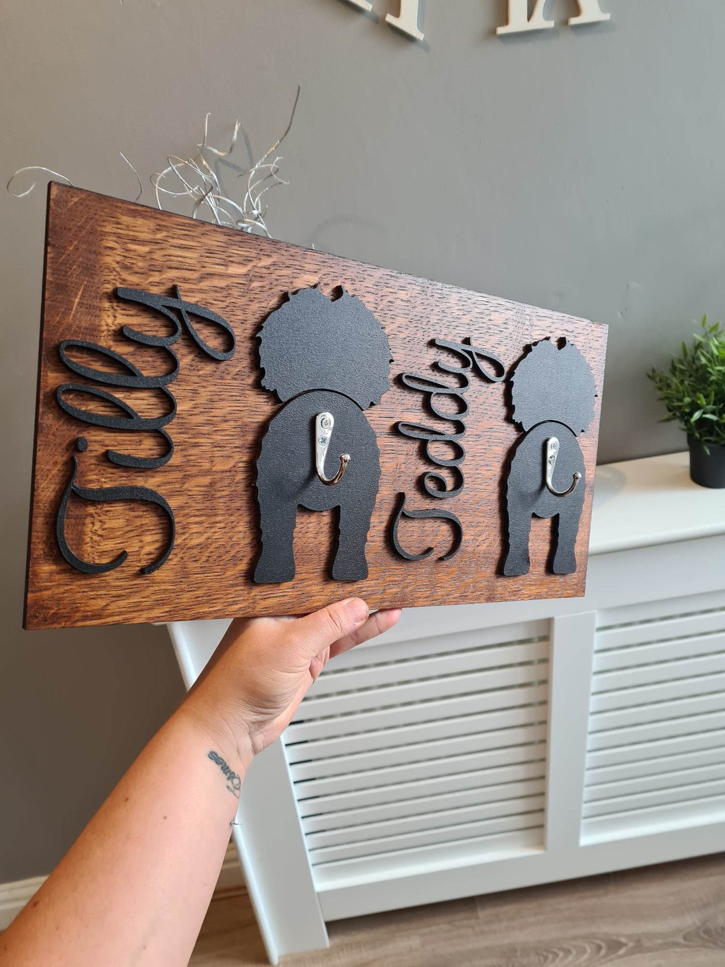 Personalised Double Dog Lead Hooks, oak veneer, 100 Dog Silhouettes available