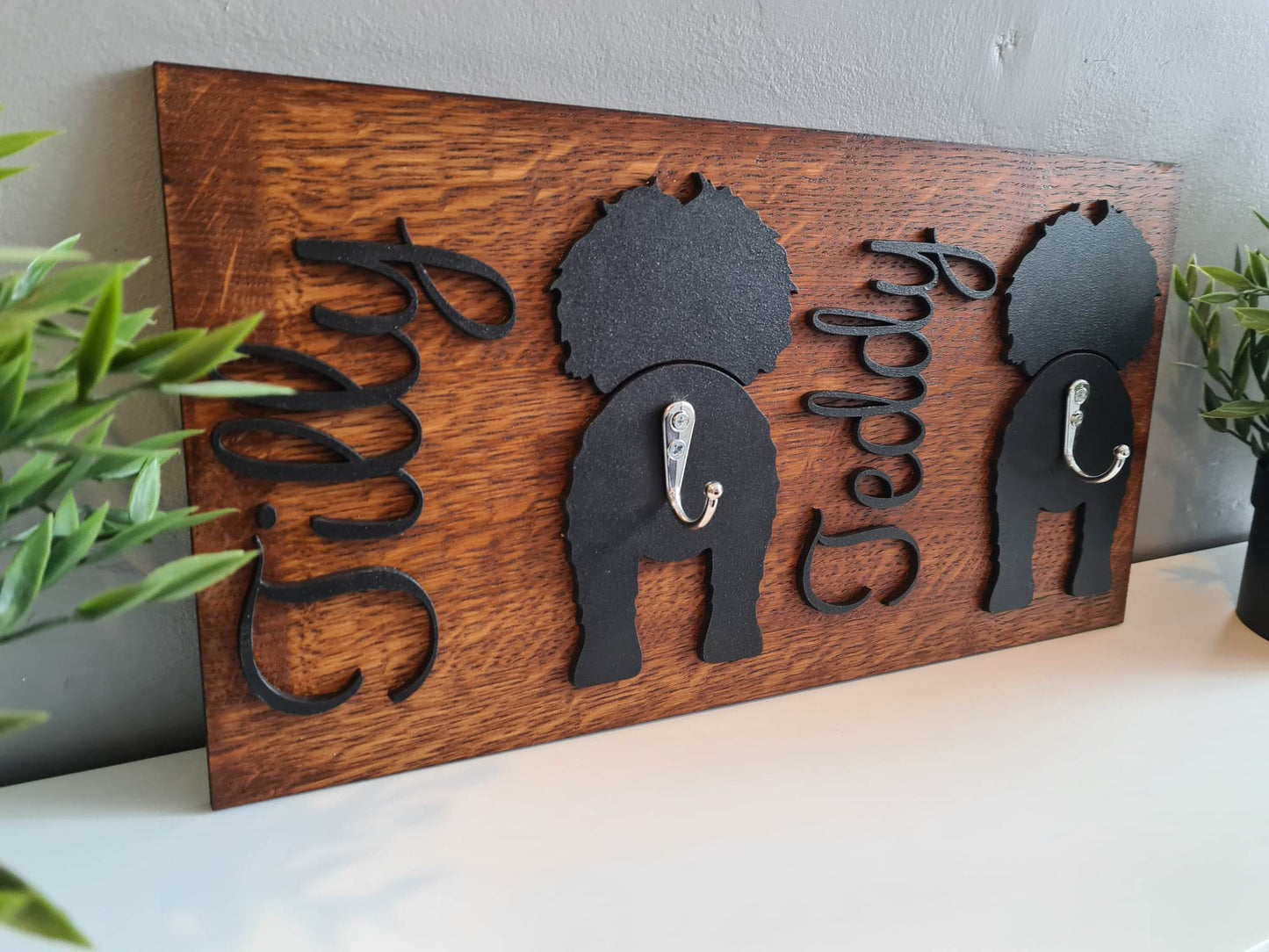 Personalised Double Dog Lead Hooks, oak veneer, 100 Dog Silhouettes available