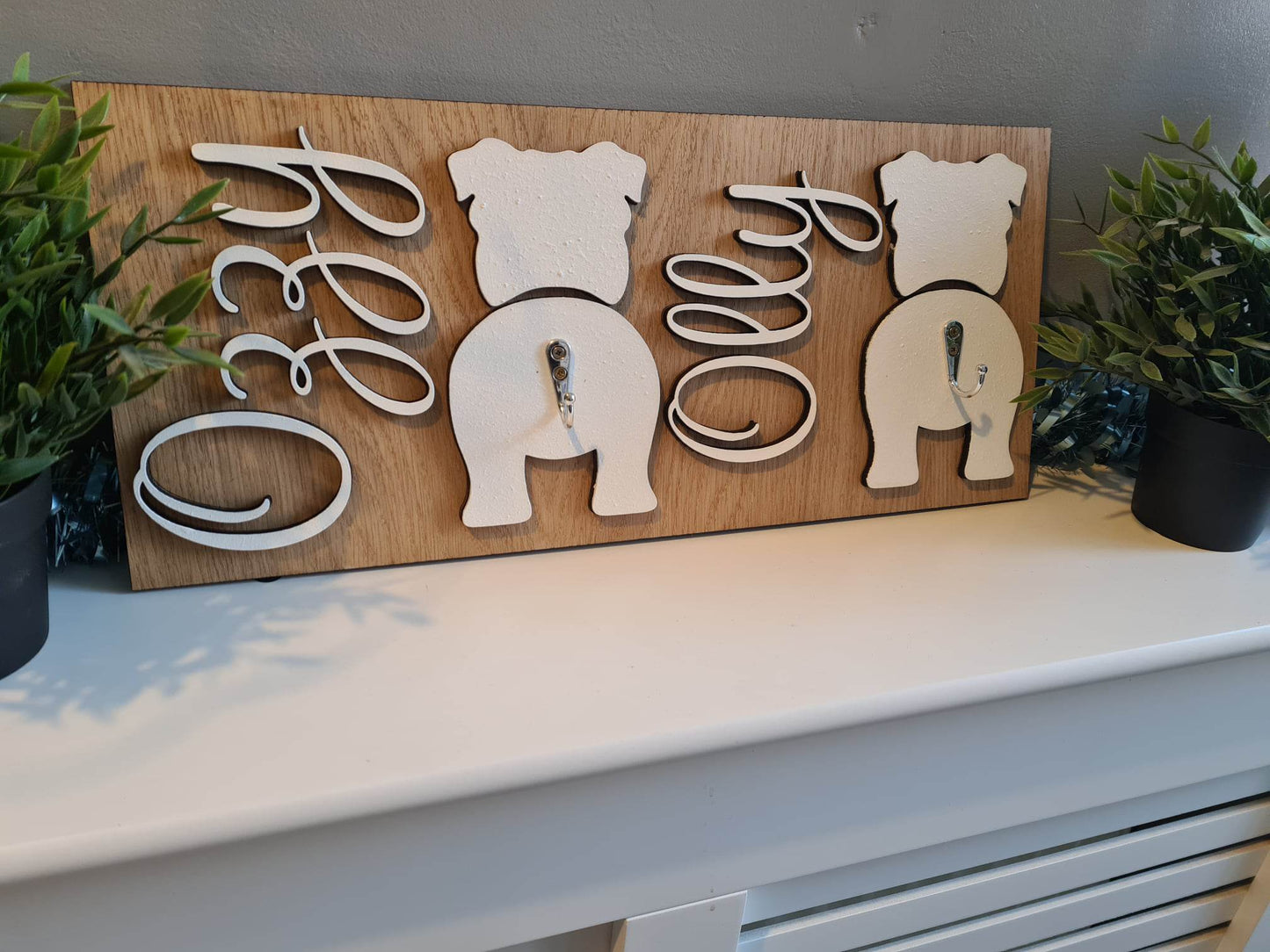 Personalised Double Dog Lead Hooks, oak veneer, 100 Dog Silhouettes available