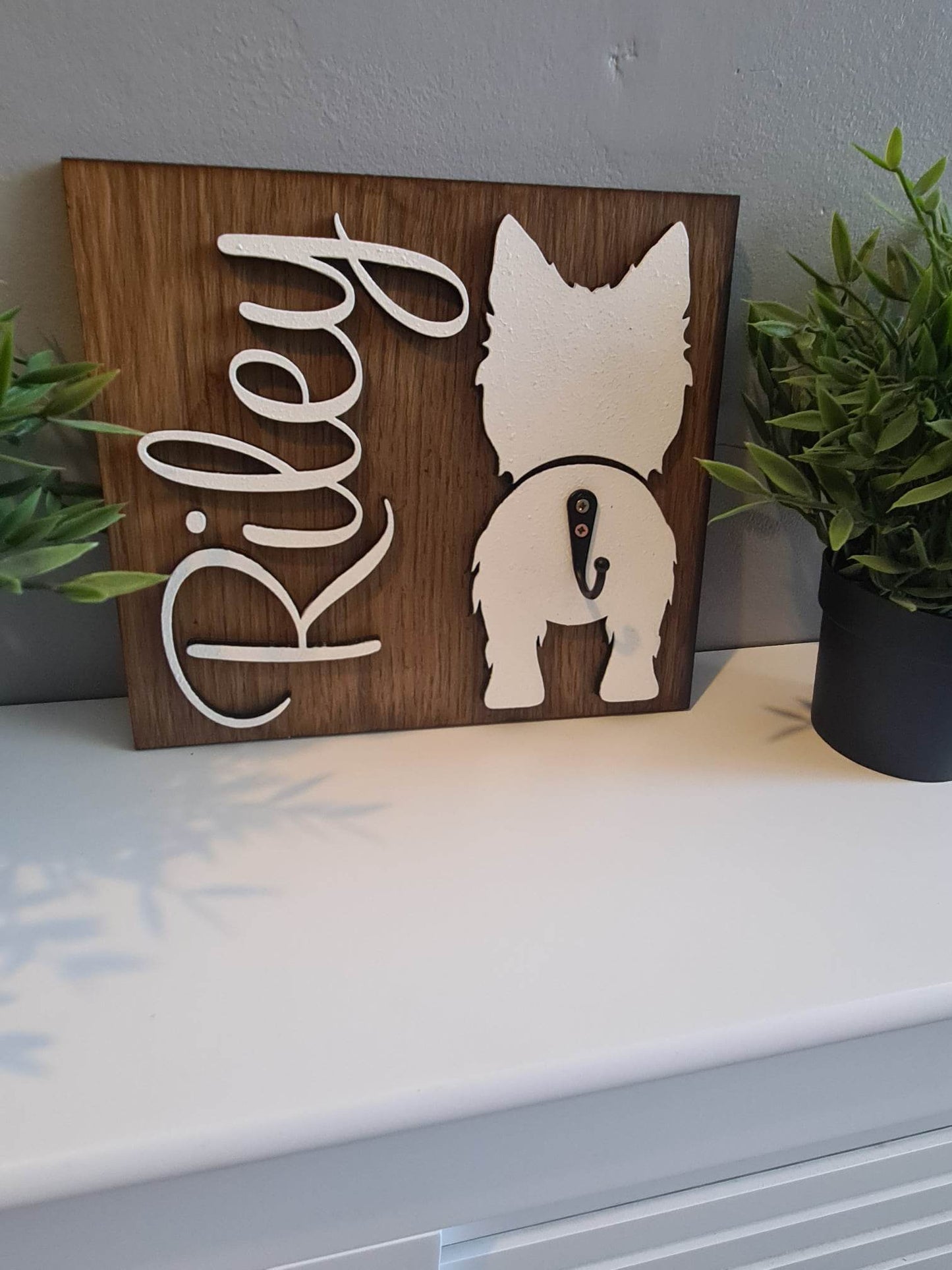 Personalised Dog Lead Hook, oak veneer, 100 Dog Silhouettes available