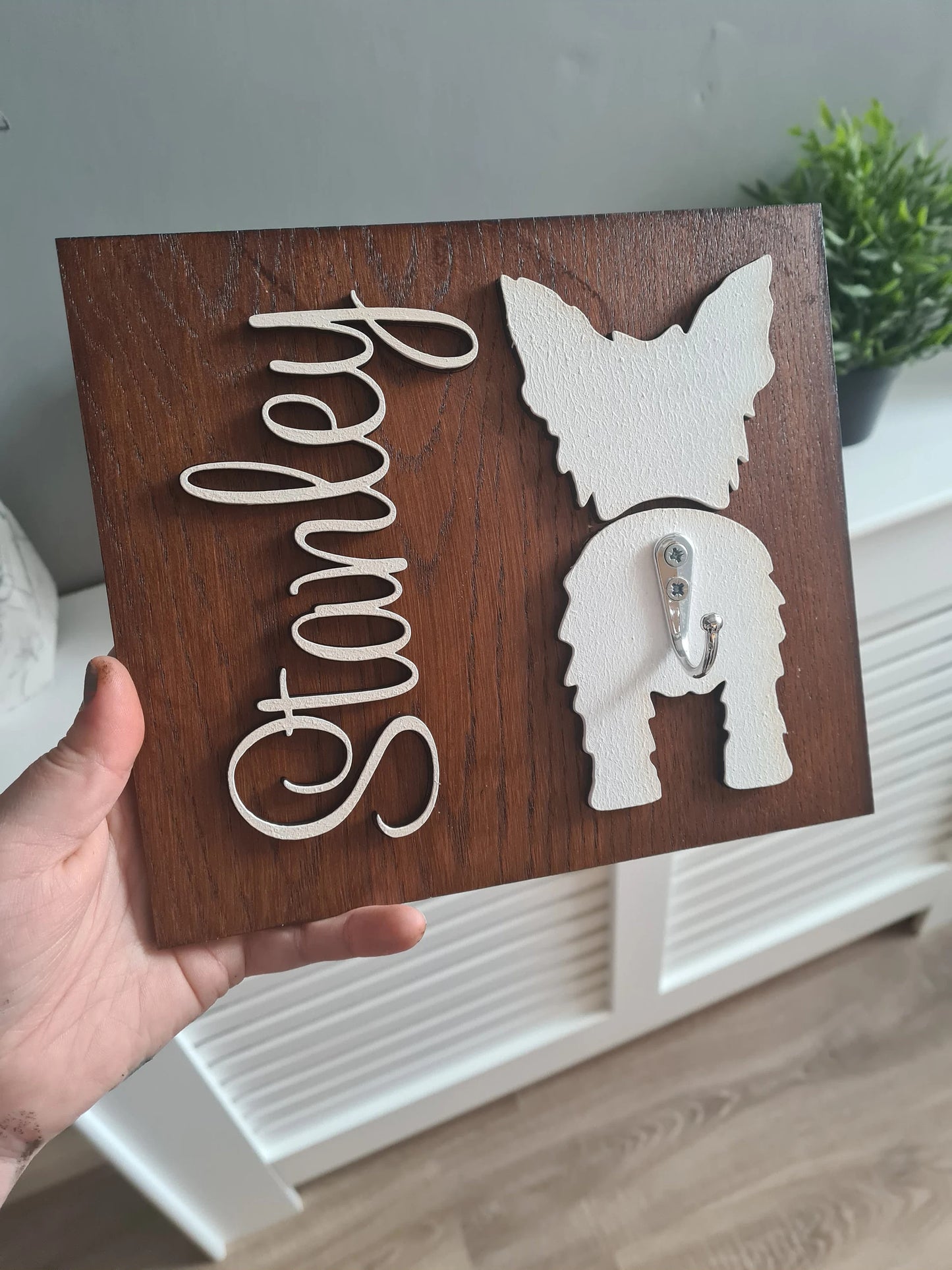 Personalised Double Dog Lead Hooks, oak veneer, 100 Dog Silhouettes available