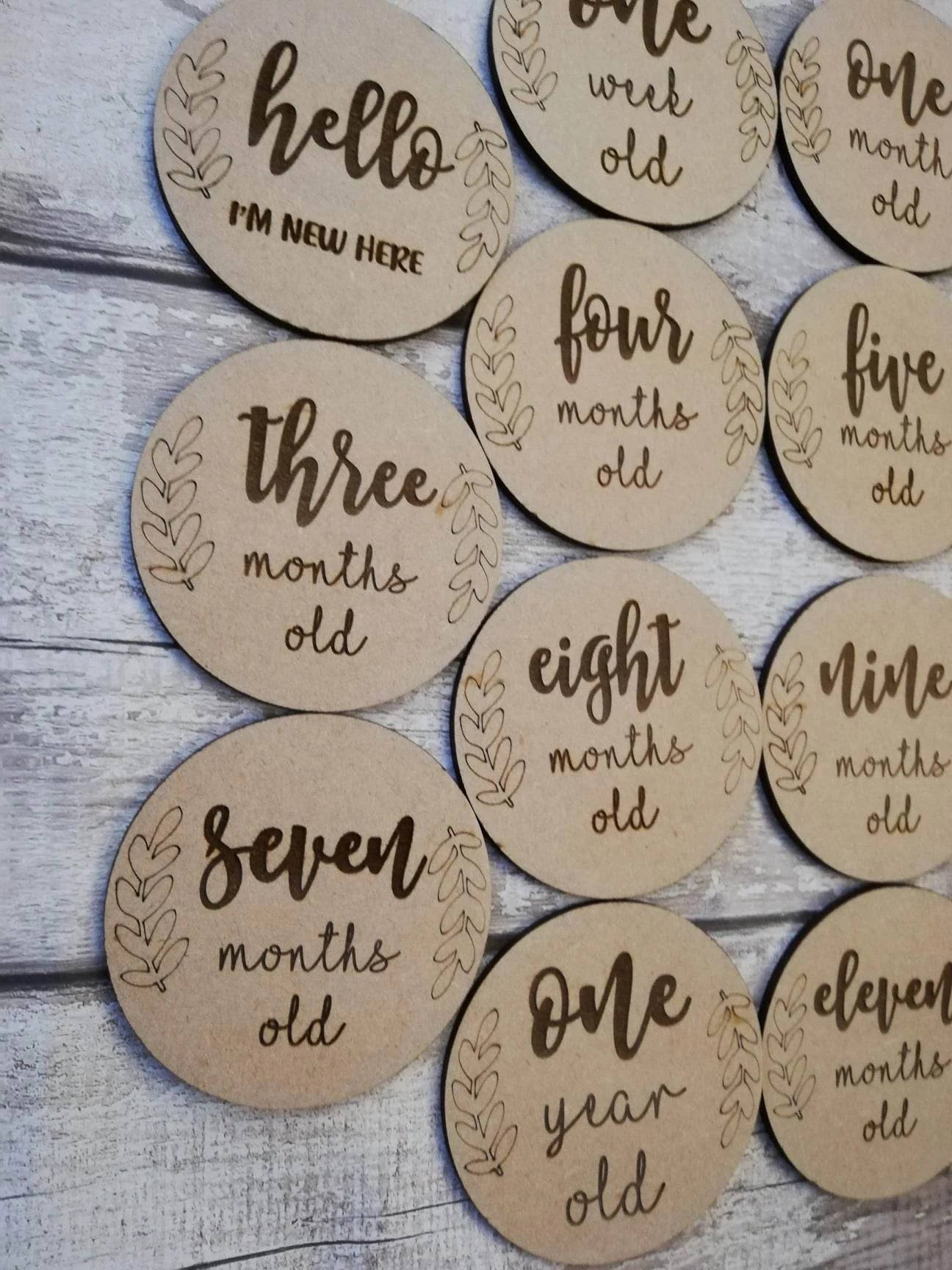 Wooden laser cut and engraved baby milestone plaques