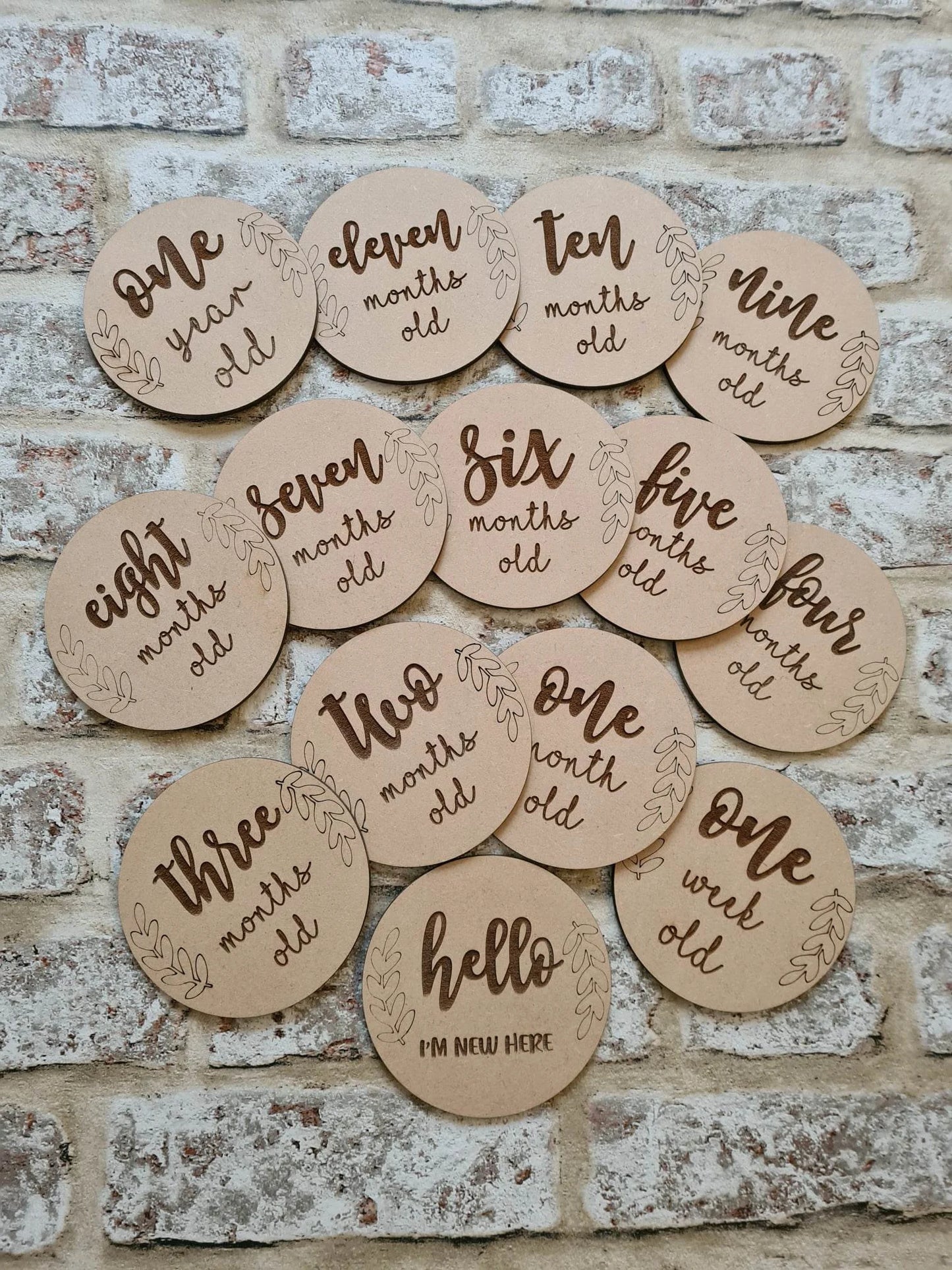 Wooden laser cut and engraved baby milestone plaques