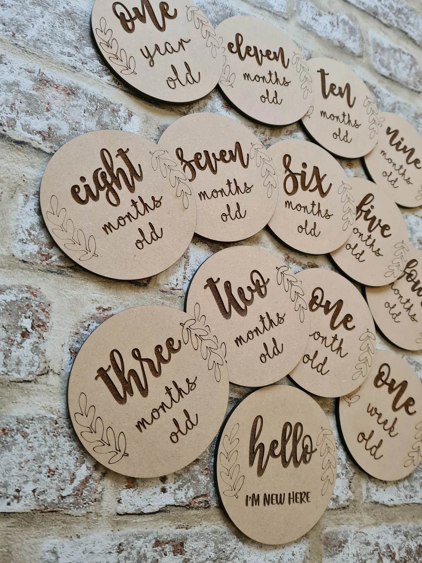 Wooden laser cut and engraved baby milestone plaques