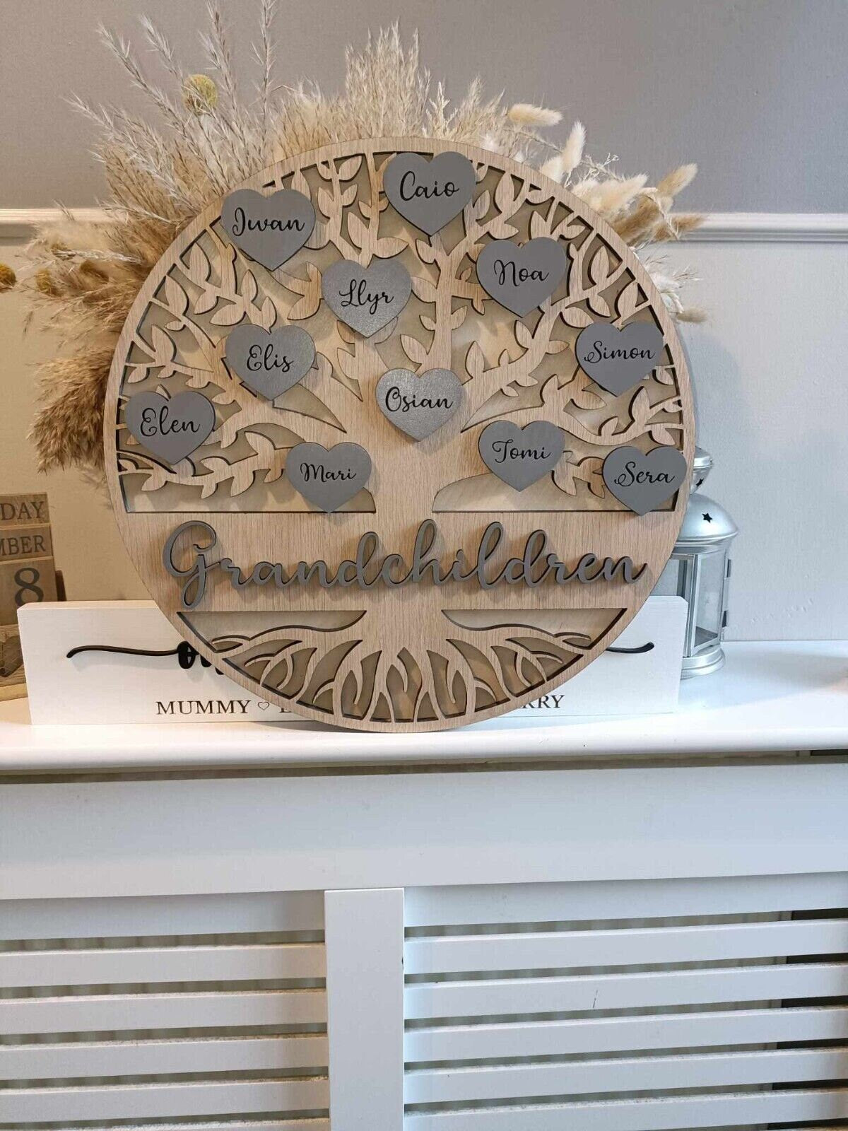 Wooden personalised family tree | gift | custom made | home decor | handmade | wall mount | free stand | hearts | upto 50 names | 3 sizes