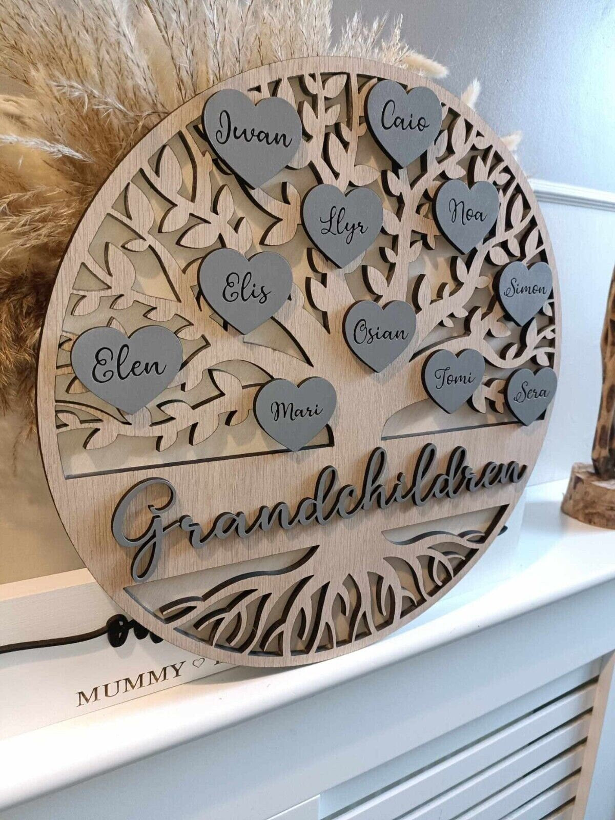 Wooden personalised family tree | gift | custom made | home decor | handmade | wall mount | free stand | hearts | upto 50 names | 3 sizes