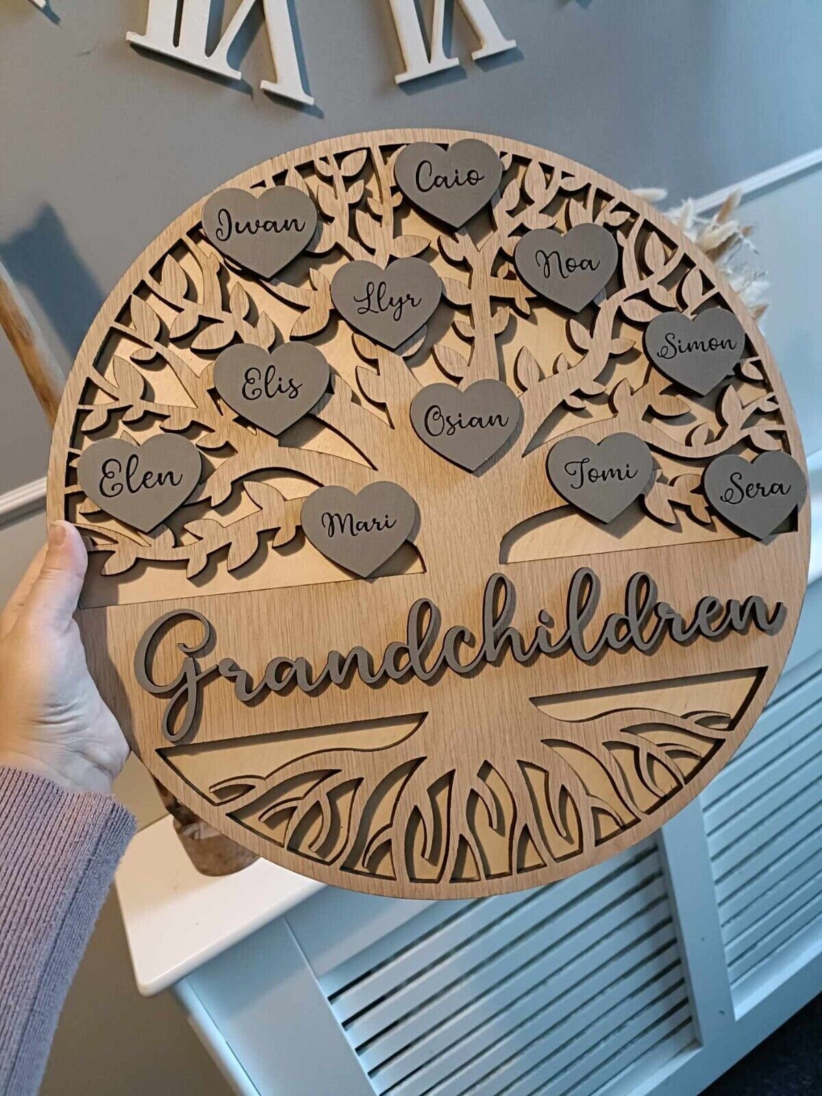 Wooden personalised family tree | gift | custom made | home decor | handmade | wall mount | free stand | hearts | upto 50 names | 3 sizes