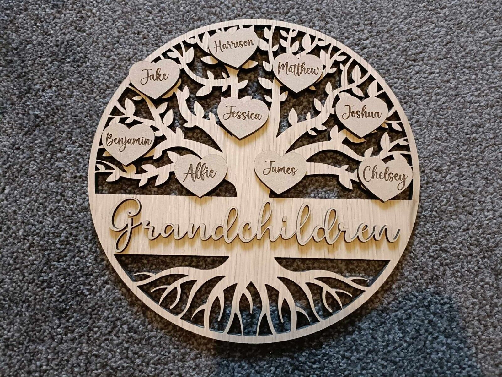 Wooden personalised family tree | gift | custom made | home decor | handmade | wall mount | free stand | hearts | upto 50 names | 3 sizes