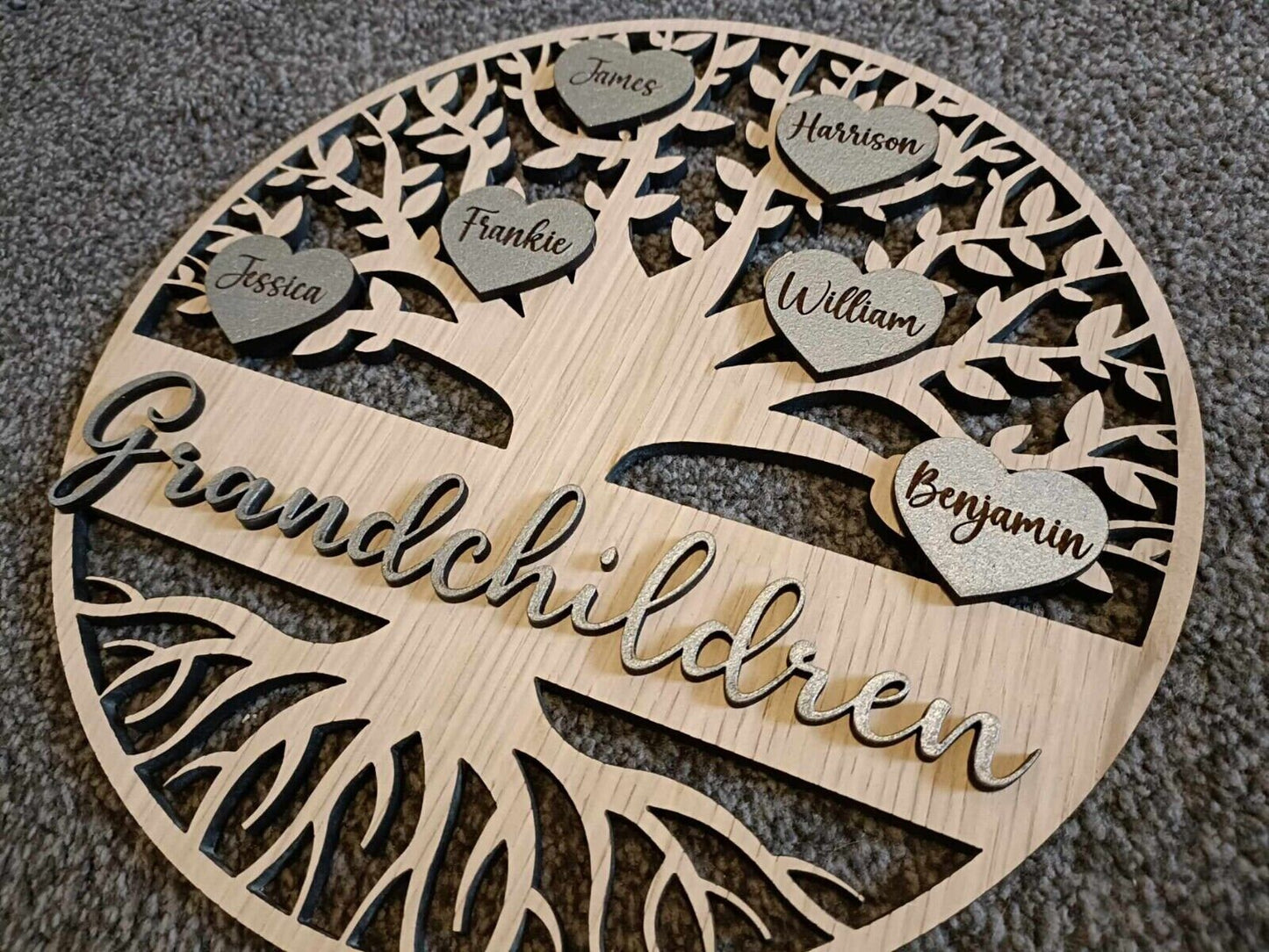 Wooden personalised family tree | gift | custom made | home decor | handmade | wall mount | free stand | hearts | upto 50 names | 3 sizes