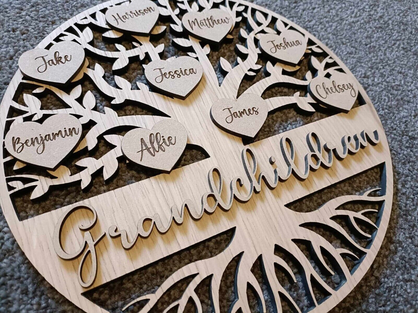 Wooden personalised family tree | gift | custom made | home decor | handmade | wall mount | free stand | hearts | upto 50 names | 3 sizes