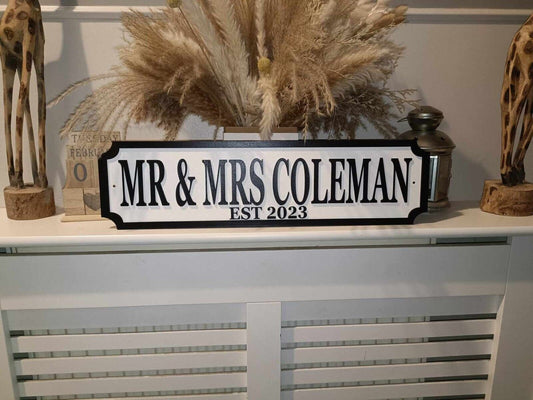 70cm long - Mr & Mrs | Mr and Mr | Mrs and Mrs Surname with Est date | Street sign look | personalised wall mount | Wedding gift |Home decor